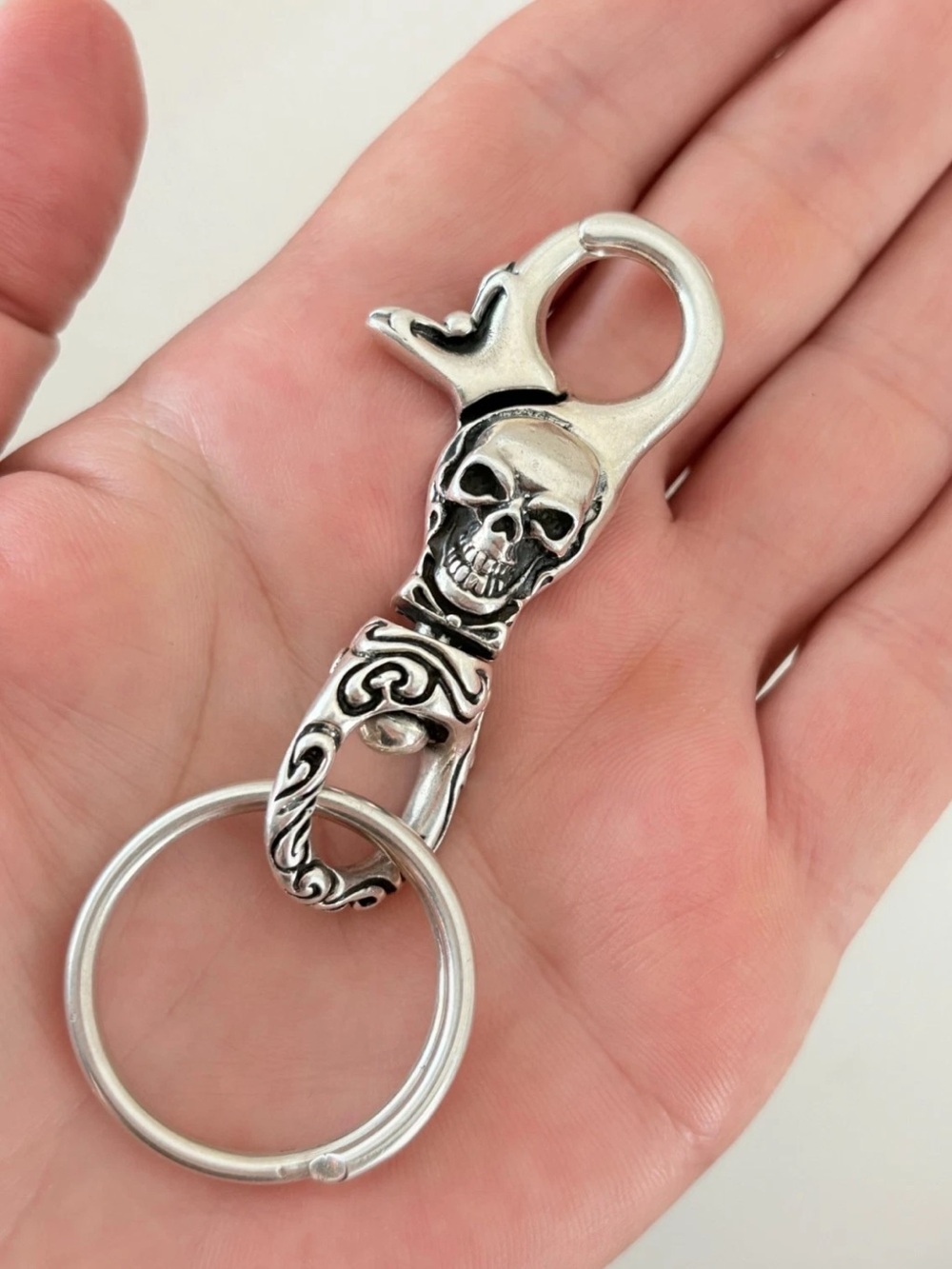 Heavy Solid 925 Sterling Silver Skull Key Ring Clip Biker Style | 41.1g
